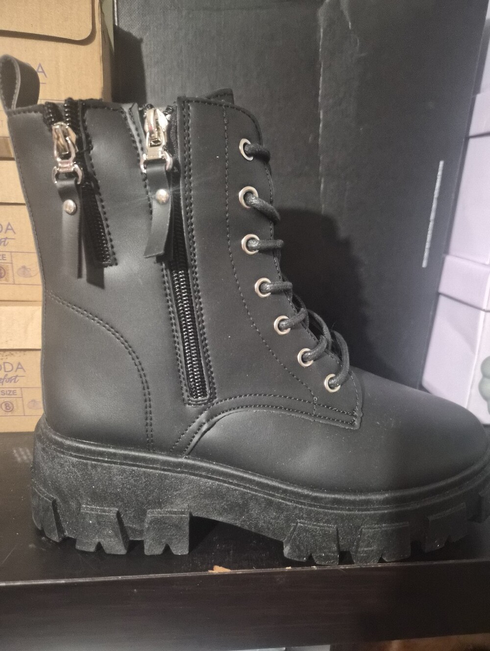 Forever Link Black Combat & Moto Boots - Chunky Lug Sole